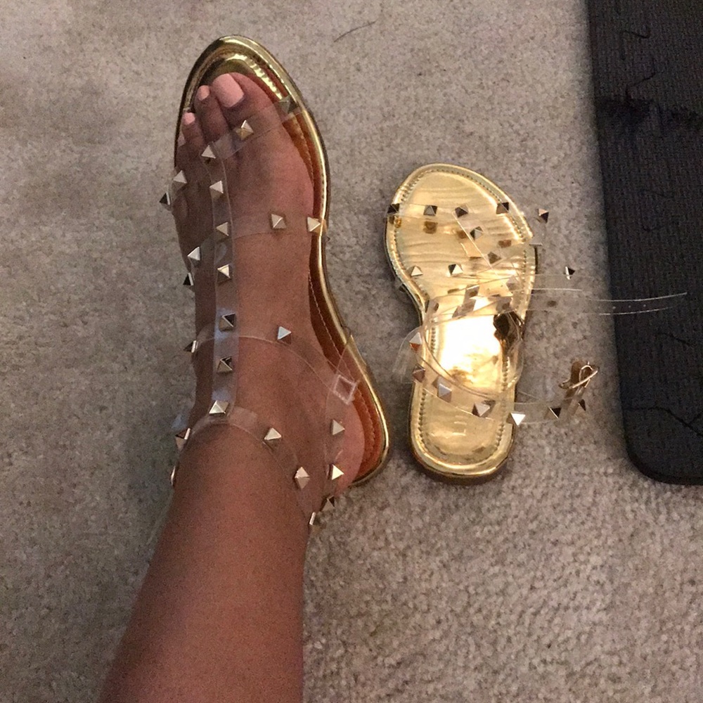 Studded clear strap gold sandals